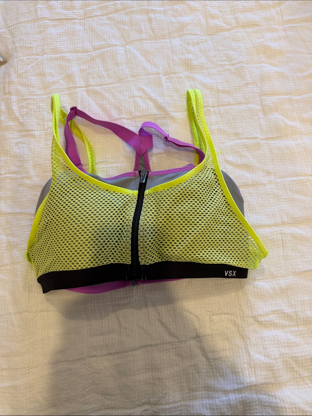 VSX Neon Yellow Mesh Front Zip Sports Bra with Magenta Straps